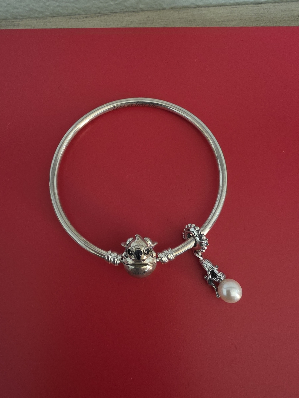PANDORA Sterling Silver Stitch Bangle w/ Little Mermaid Pearl Drop Silver Charm